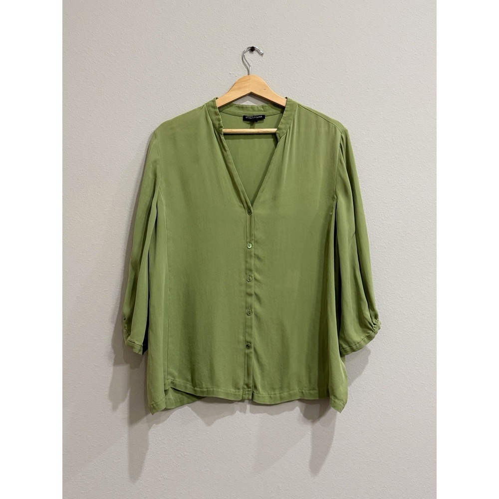 Eileen Fischer Silk Button Down Top Size Large Green 3/4 Sleeve V-Neck